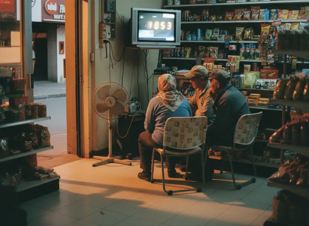Three elderly people huddled around a wall-mounted TV in a small convenience store, screen showing l