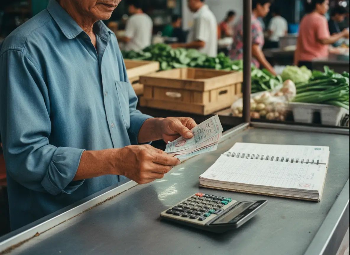 Lottery vendor in a faded blue shirt holding three Thai government lottery tickets and a yee-kee tic