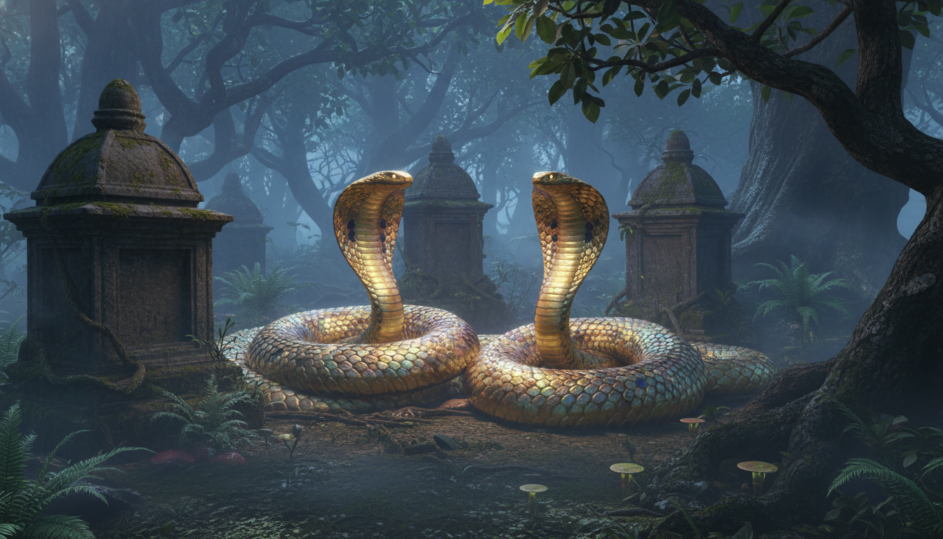 Hyperrealistic 3D render of two golden cobras with iridescent scales coiled beneath a moonlit forest