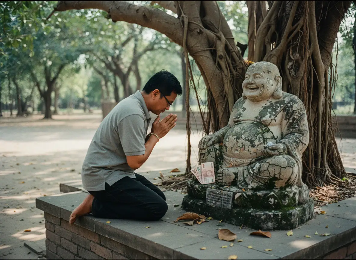 Man placing folded banknotes at the base of a weathered Phra Sangkajai statue under a tree, his hand