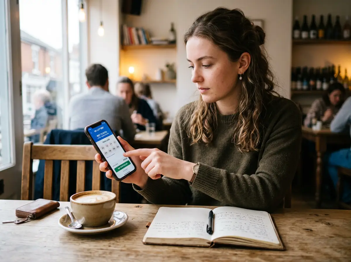 A young person tapping a smartphone screen to purchase lottery tickets at a café, with a coffee cup 