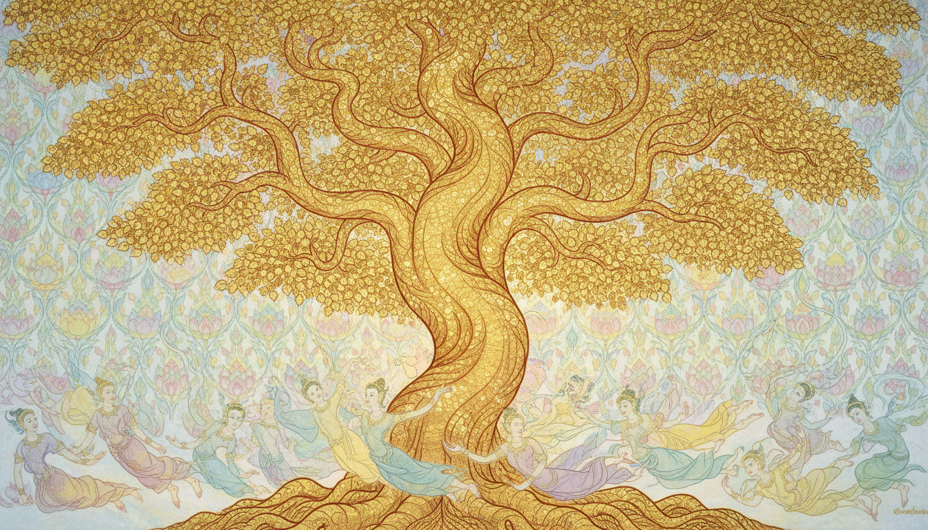 Traditional Thai illustration of a sacred Takhian tree with shimmering golden leaves, delicate lotus