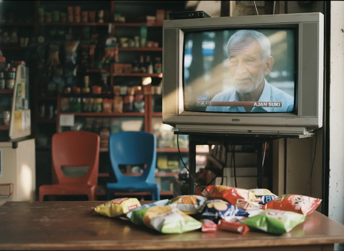 Wall-mounted TV in a small shop showing a news segment with an older man (Ajan Suki) speaking, plast