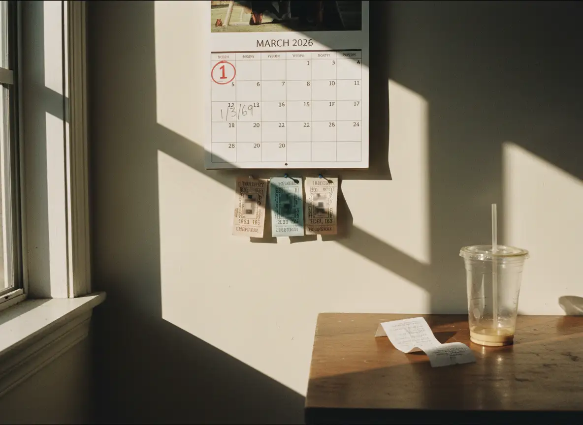 Wall calendar with March 1, 2026 (1/3/69) circled in red marker, three lottery tickets pinned below 