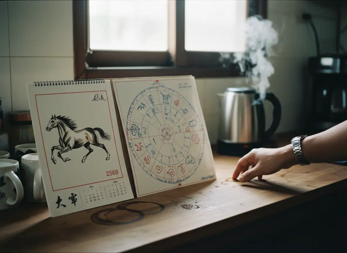 Close-up of two calendars on a kitchen counter: one Chinese calendar showing a horse illustration ne