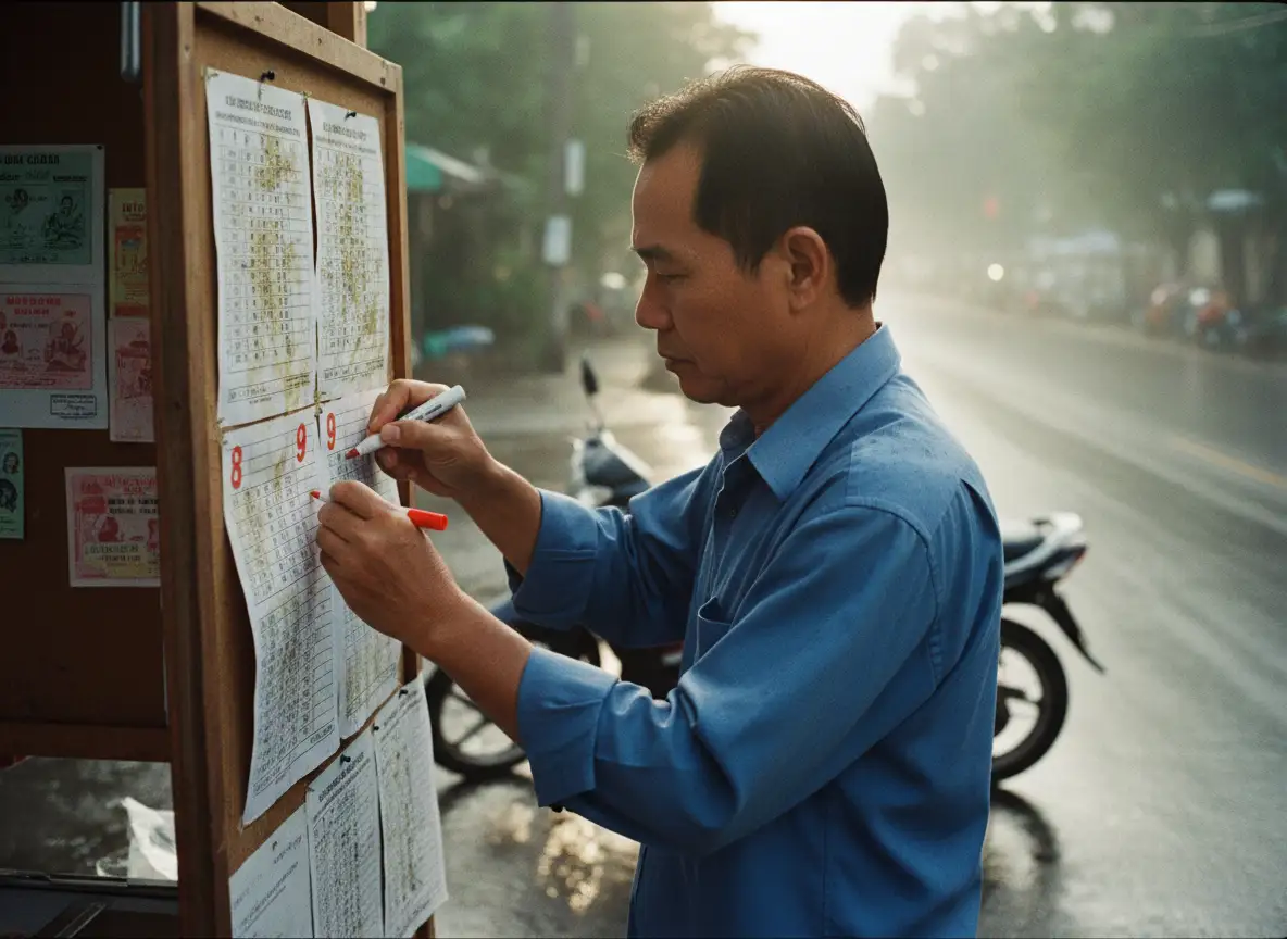 ชายวัยกลางคนสวมเสื้อเชิ้ตสีฟ้าเขียนตัวเลข 8 และ 9 ด้วยปากกามาร์คเกอร์สีแดงบนกระดาษผลหวยที่ติดอยู่บนแ