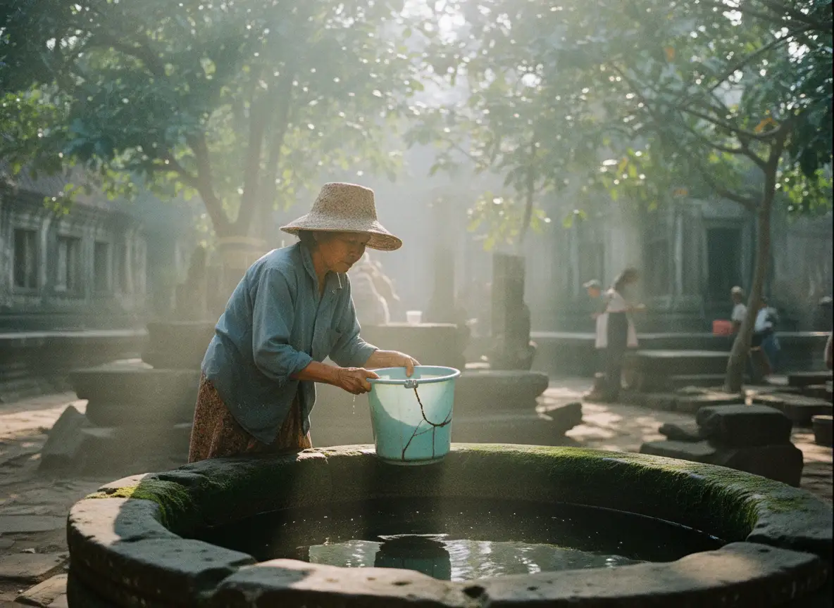 Elderly woman in a faded blue shirt scooping water from a moss-covered stone well at a temple, early
