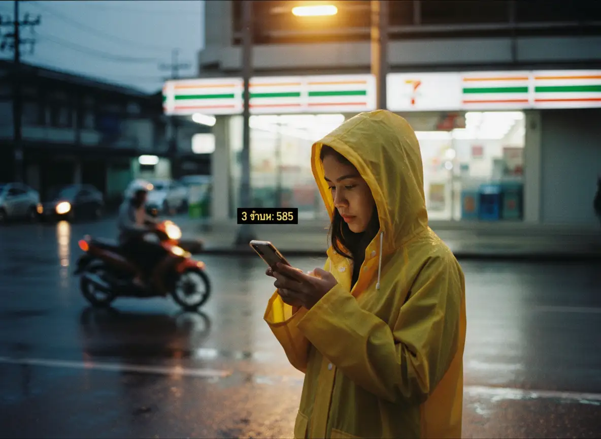 หญิงสาวสวมเสื้อกันฝนยืนหน้าร้านสะดวกซื้อตอนค่ำ กำลังจ้องหน้าจอมือถือที่แสดงผล 
