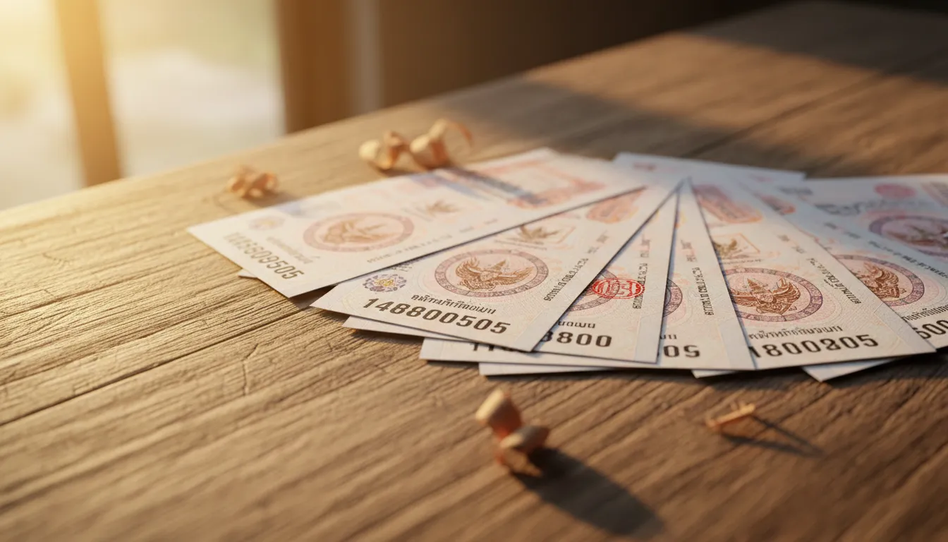 A street vendor displaying lottery tickets at a bustling Chiang Mai market stall, photographed with 