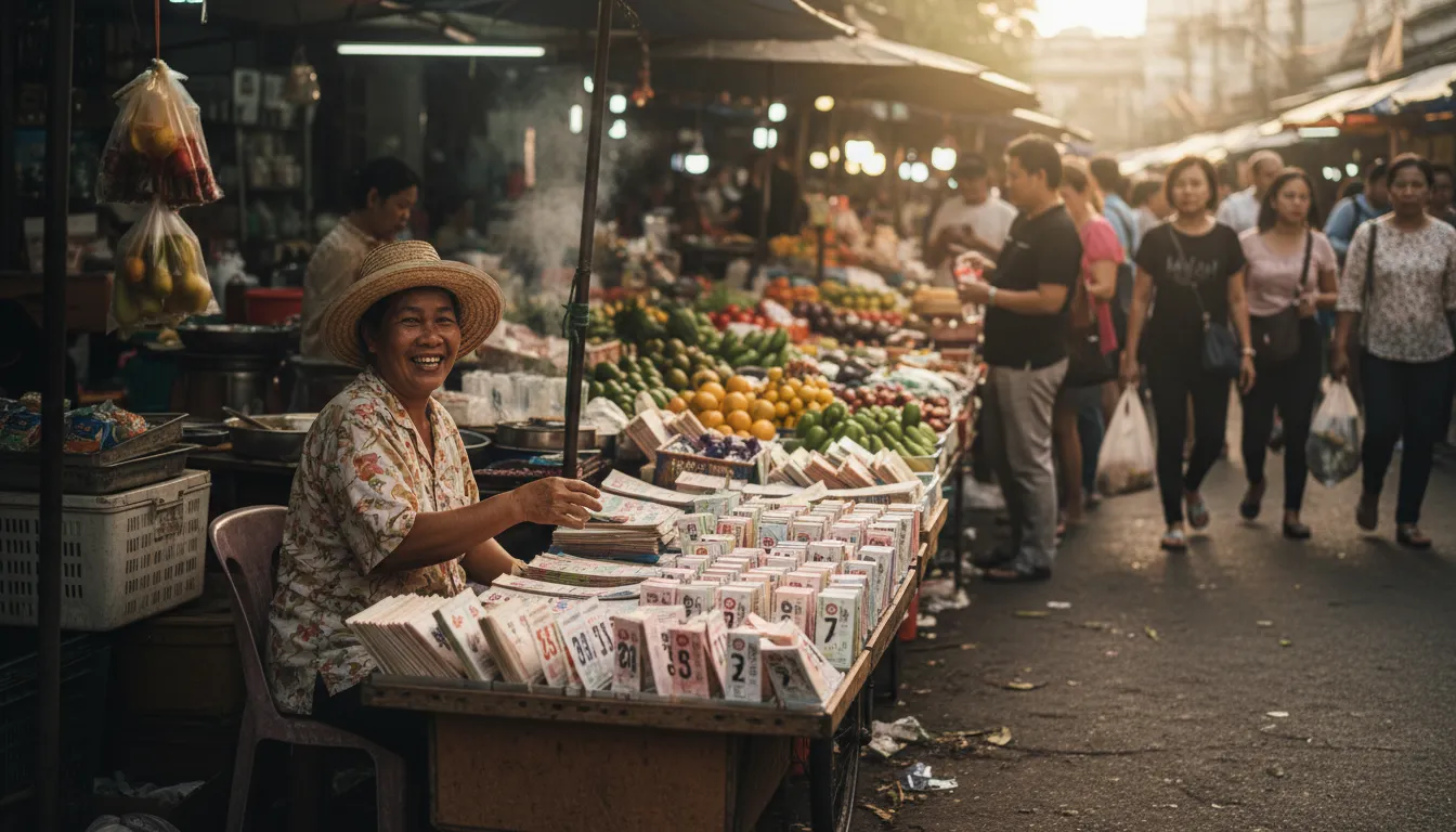 Group of Thai elders performing a fire ritual with floating lanterns at a riverside temple at twilig