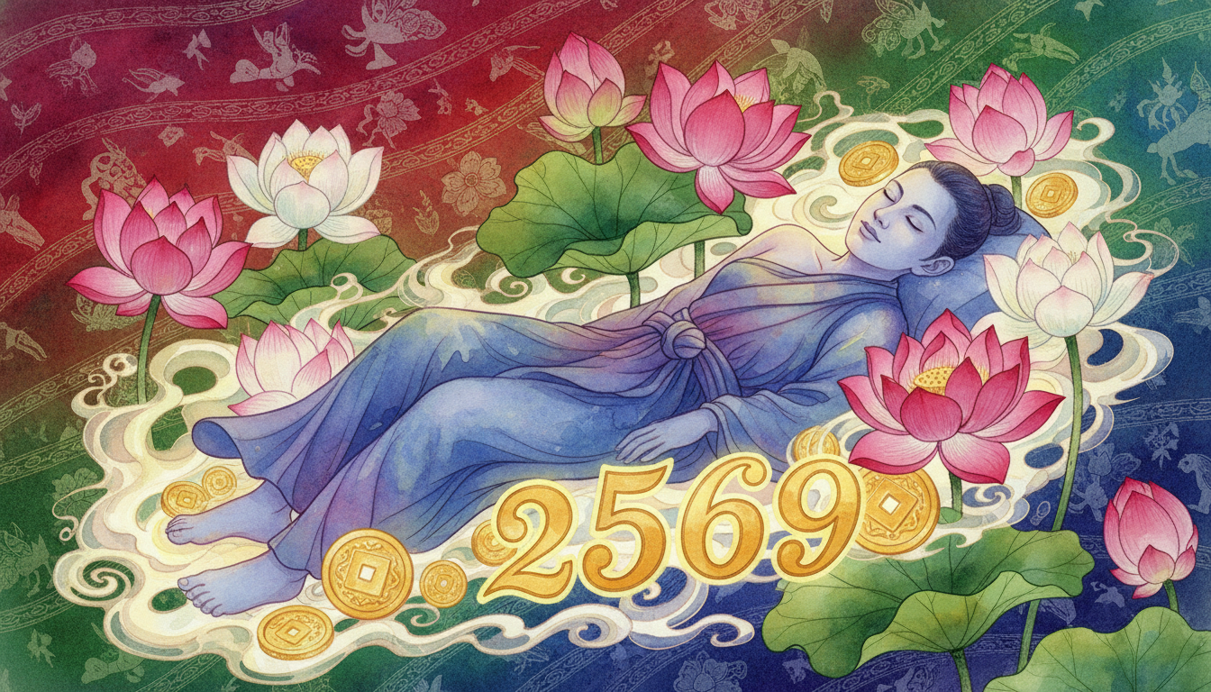 Watercolor illustration of a dreamer floating amid lotus flowers, with golden coins forming numbers 