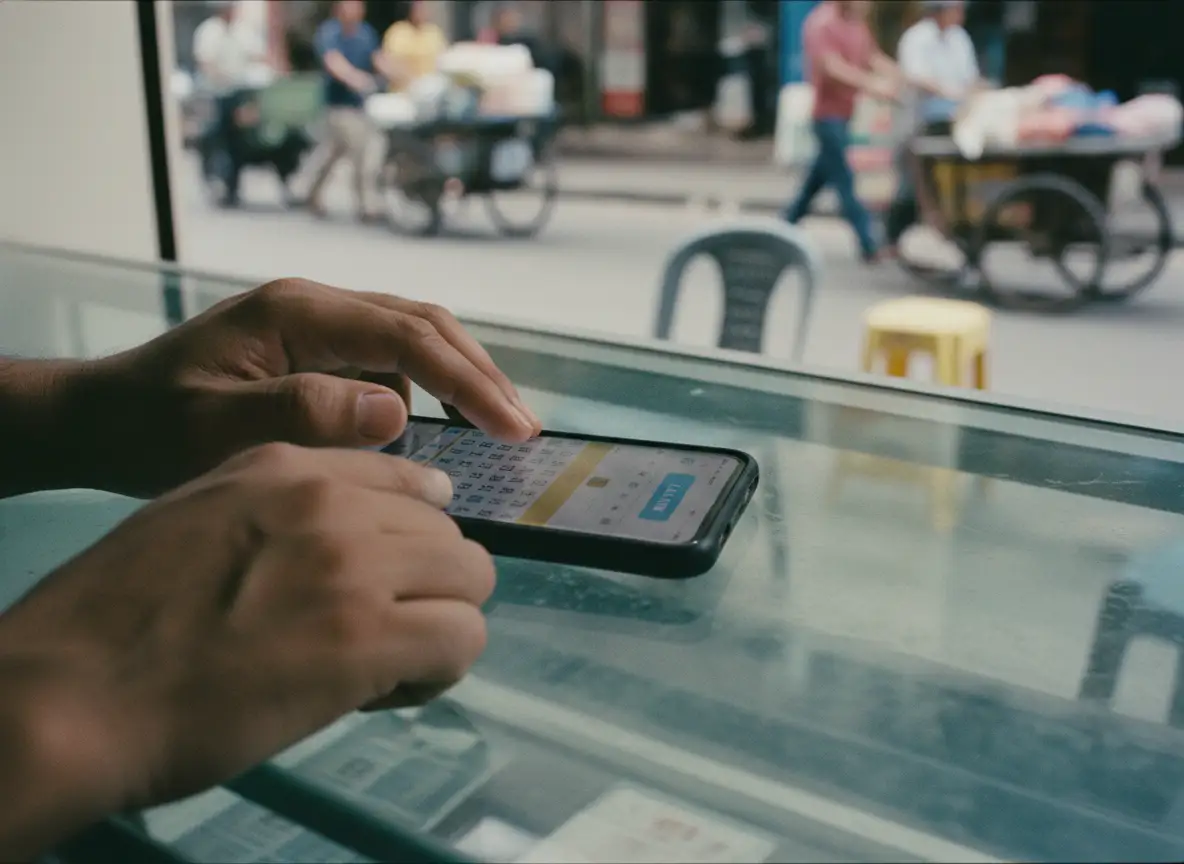 Close-up of a hand holding a smartphone displaying a lottery app interface over a glass counter at a