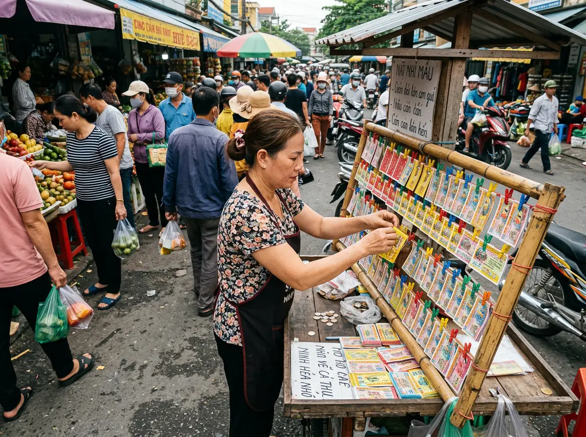 A street vendor arranging colorful lottery tickets on a bamboo rack at a bustling morning market, wi