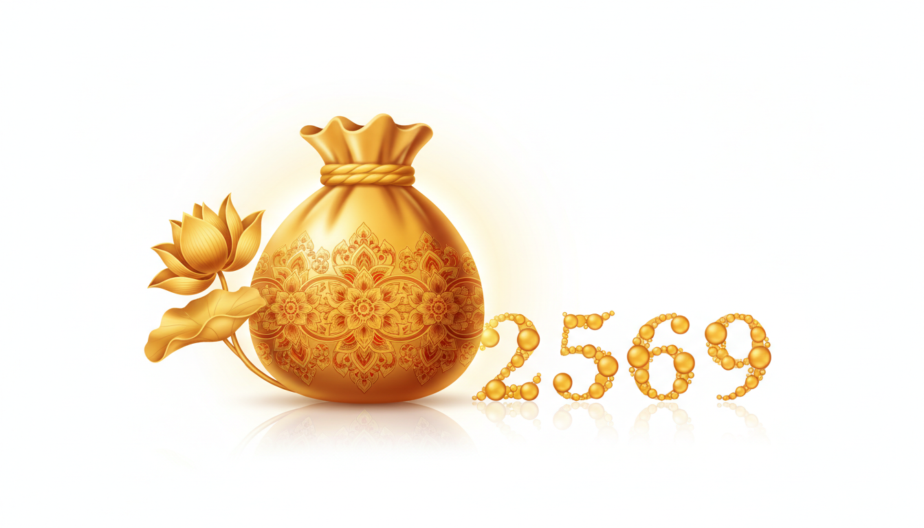 Flat design of a golden money bag with Thai floral motifs, accompanied by a lotus flower and abstrac