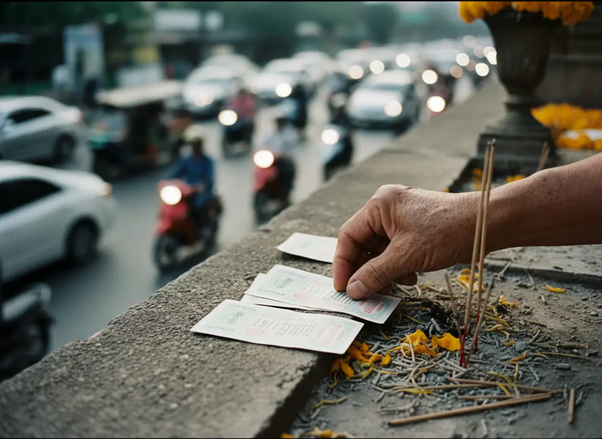 Close-up of a wrinkled hand placing three Thai lottery tickets on a concrete ledge beneath a small r