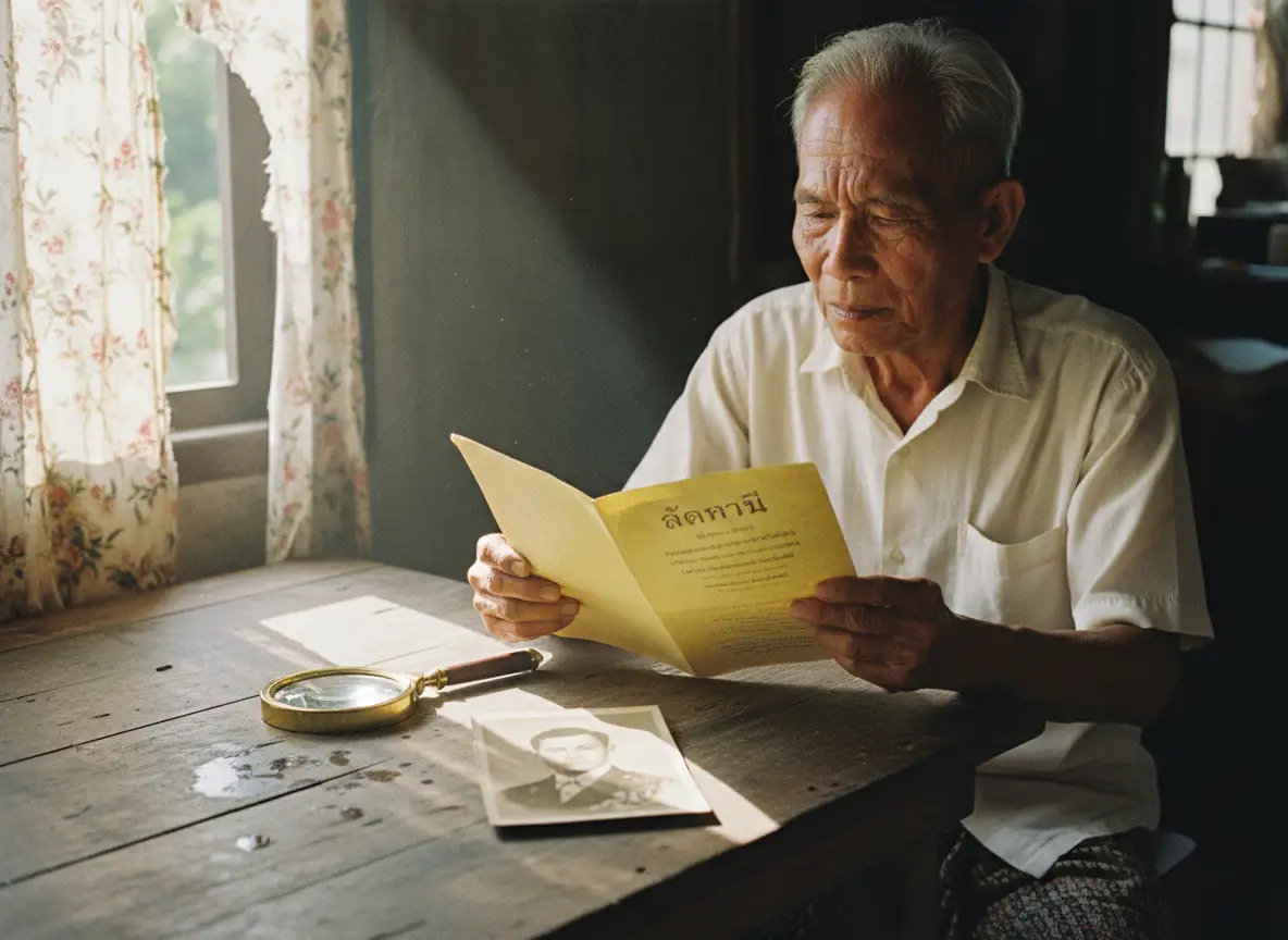 Elderly Thai man squinting while reading a yellowed 1900s-era astrology pamphlet titled