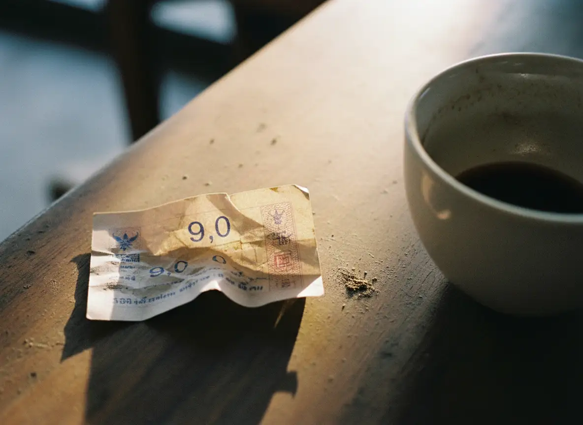 Crumpled Thai lottery ticket with handwritten numbers 