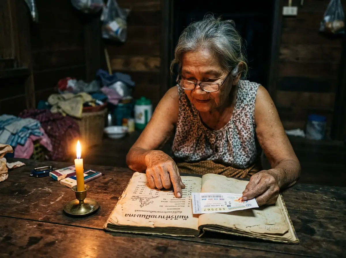 An elderly woman reading a weathered Thai dream interpretation book by candlelight, pointing to a pa