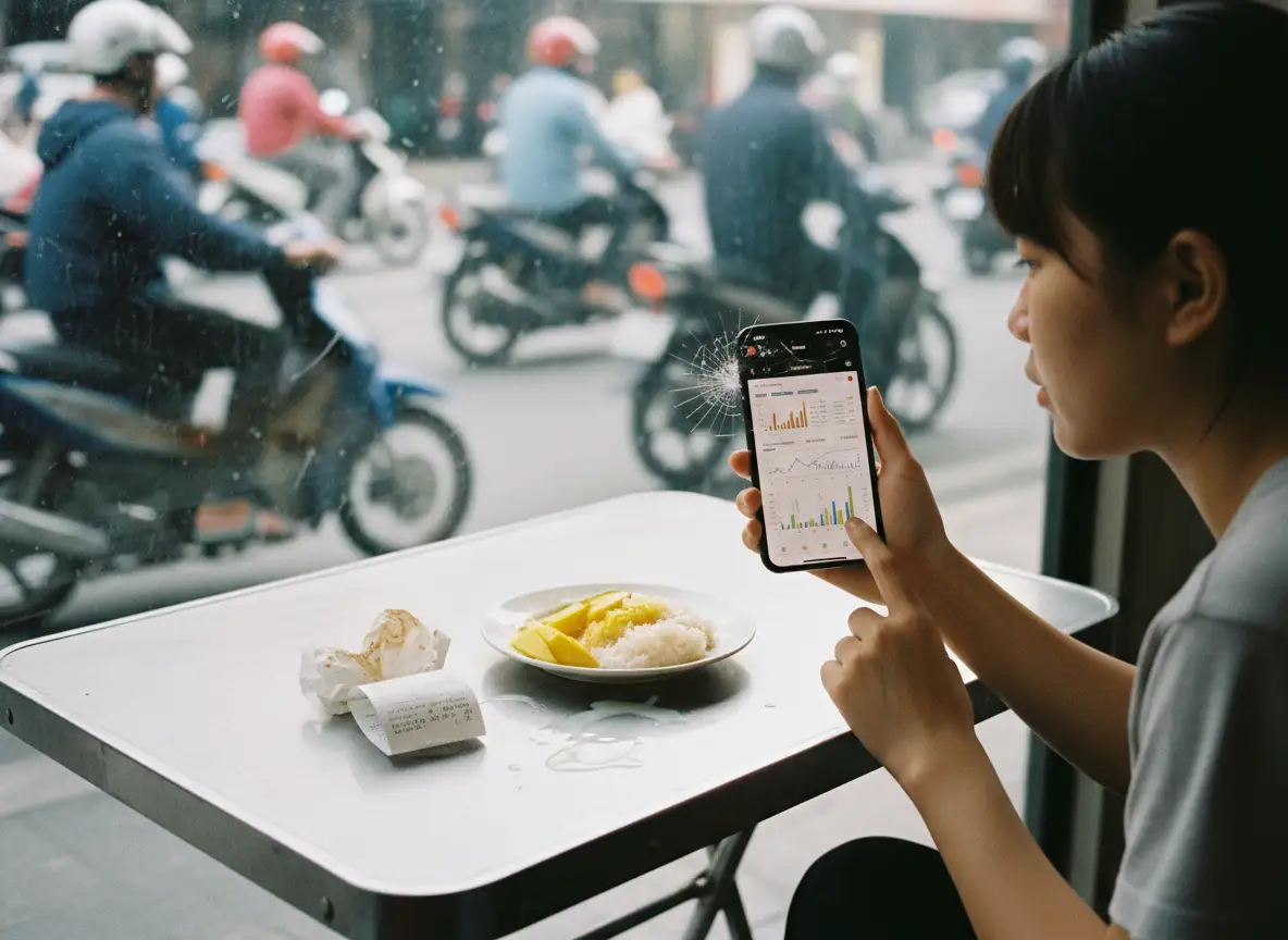 Young woman holding a cracked smartphone displaying a lottery analysis app with numerical data chart